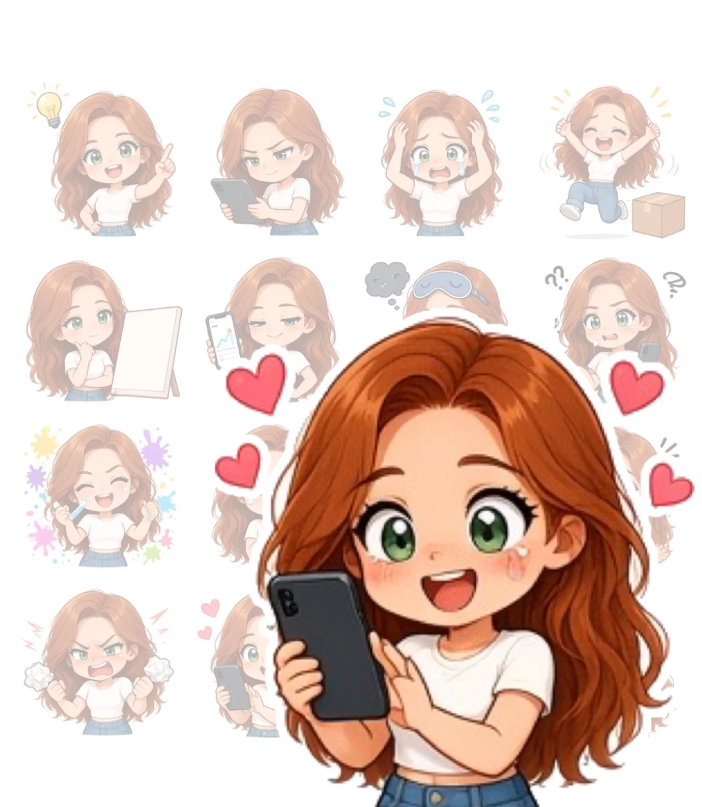 Twelve-cell sticker sheet from Grok Imagine 2.0: a big-eyed character in a white tee with added hearts, paint splatter, a sleep mask and a phone.